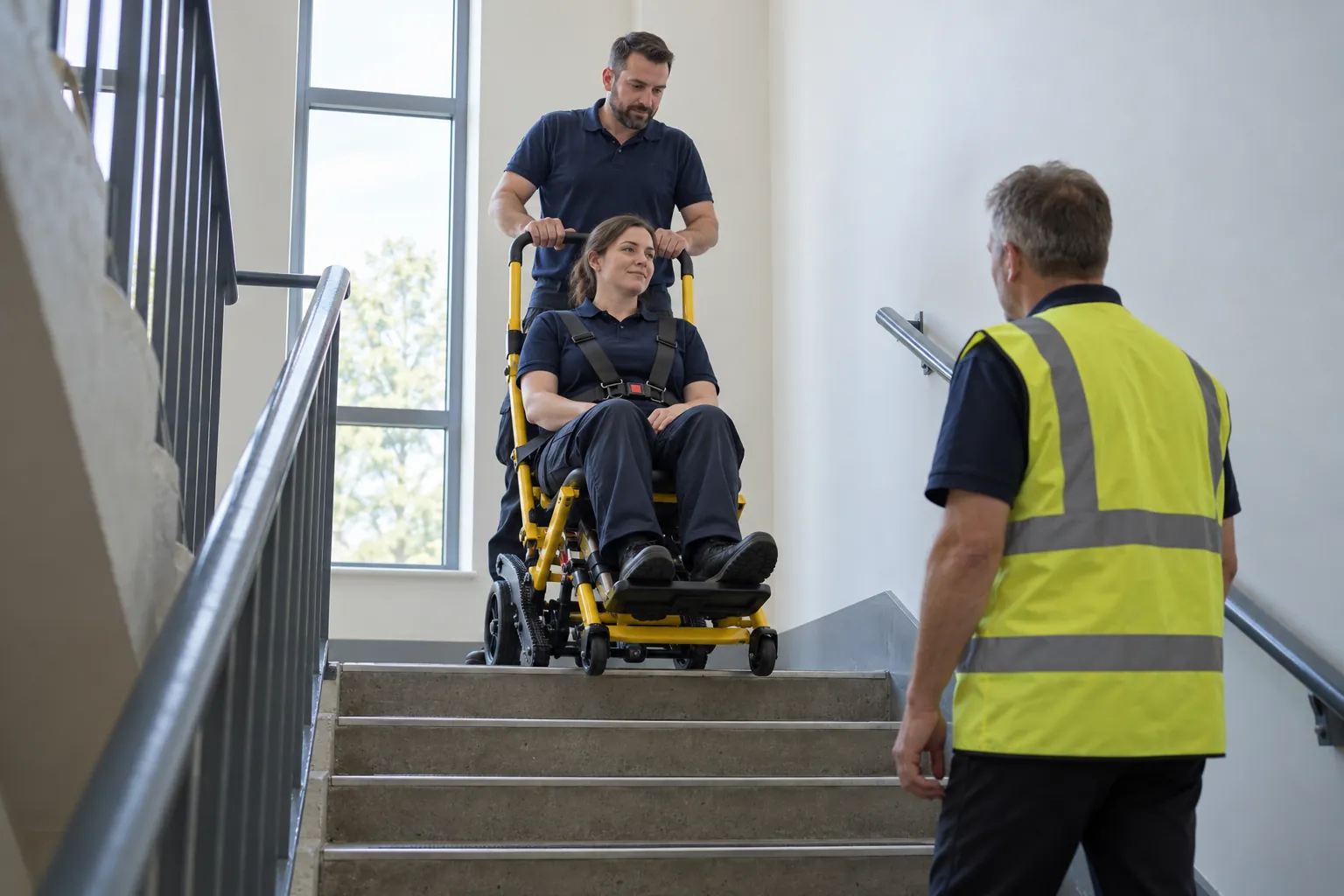 Three facilities staff practising with an evacuation chair on an office stair landing, one seated as the passenger.