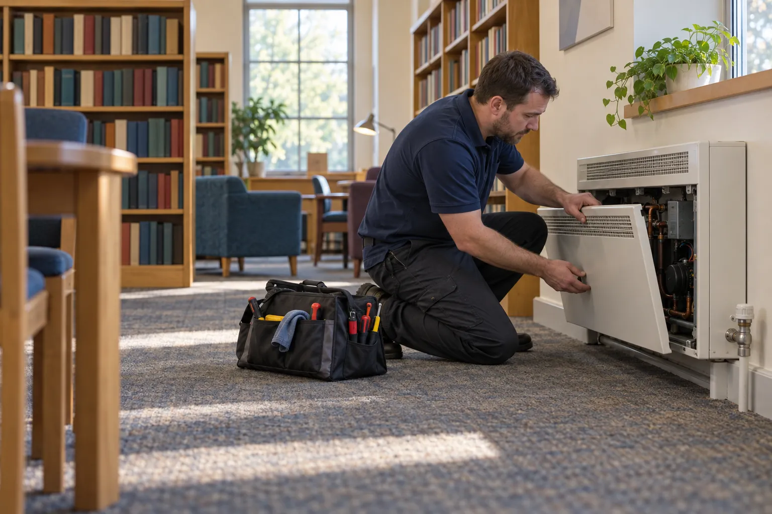 A maintenance engineer opening the panel of a heating unit in a library.
