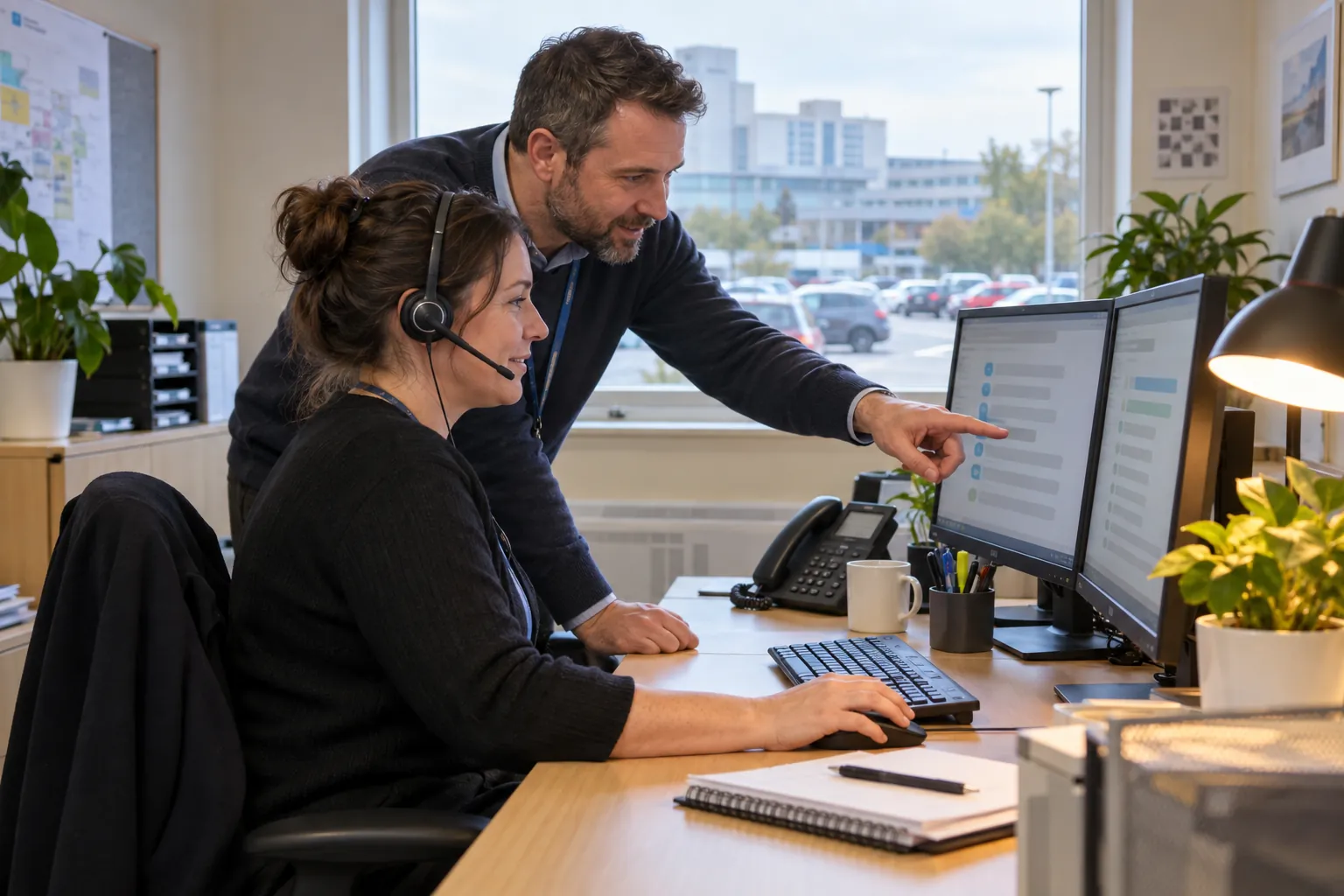 A facilities helpdesk coordinator and a colleague reviewing jobs on screen in an estates office.