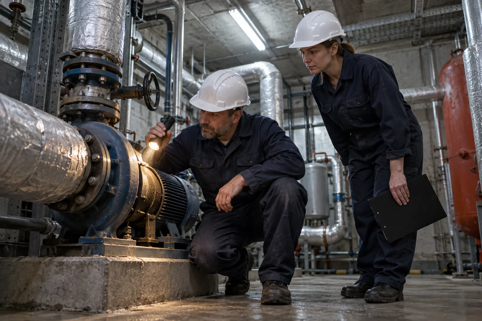 Two people surveying pumps and pipework in a basement plant room.