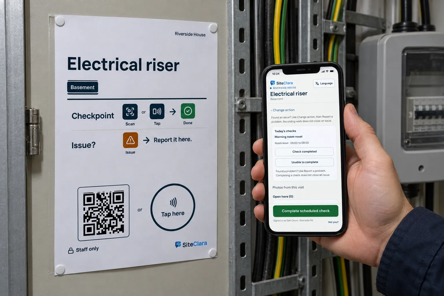 A phone app held beside a checkpoint poster in an electrical riser.