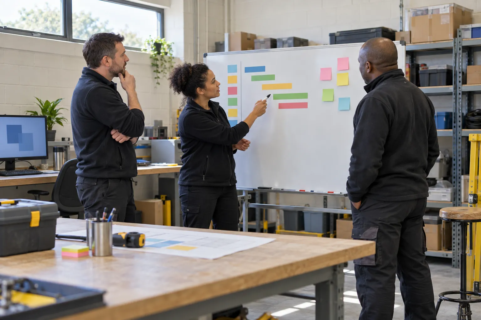 A facilities team discussing coloured charts on a whiteboard.