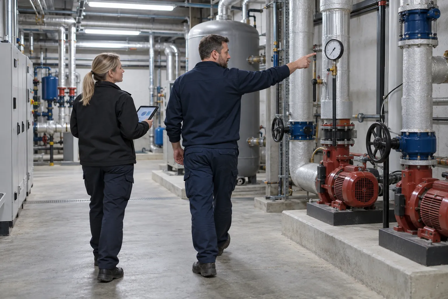 A facilities manager and an engineer walking through a plant room.