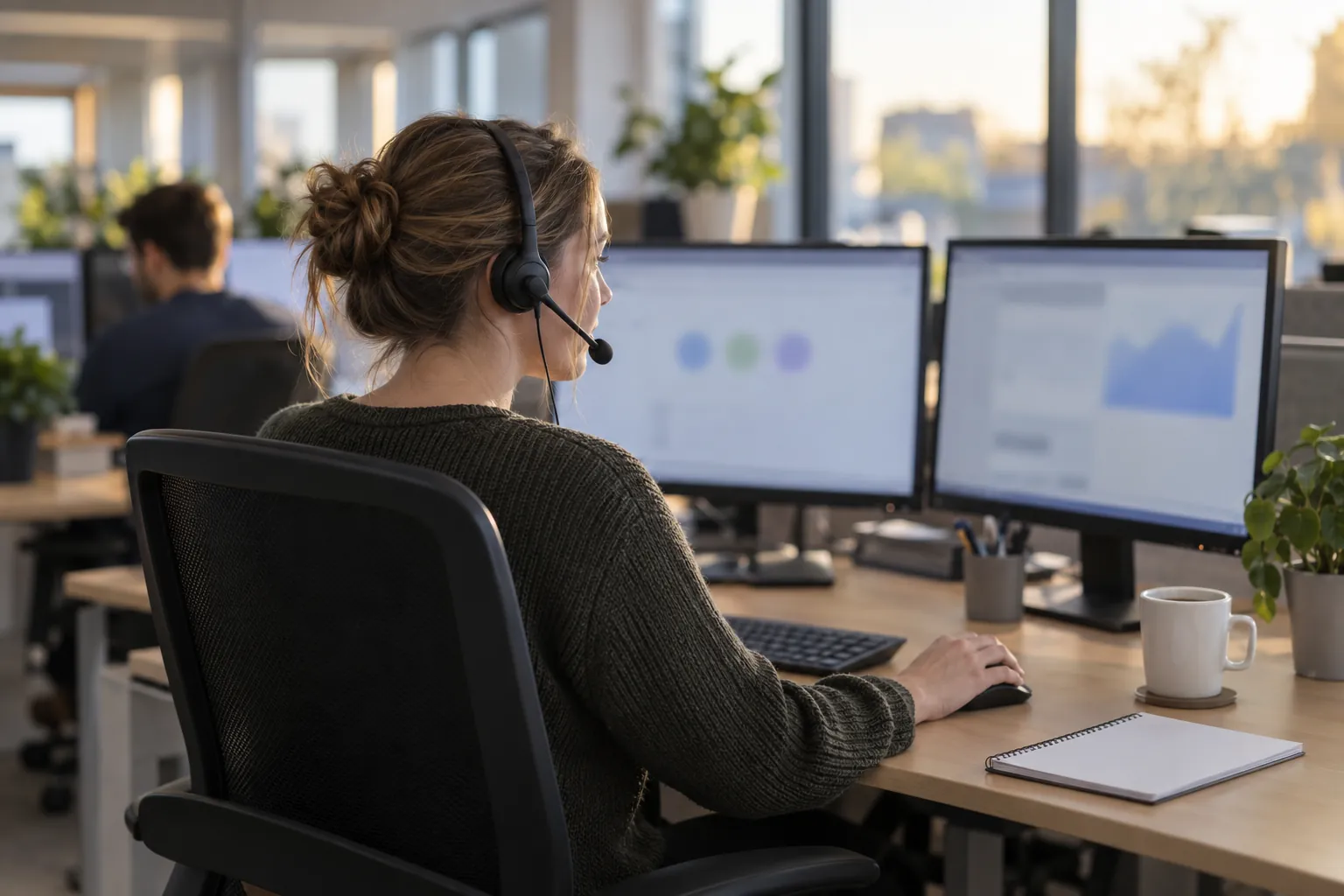 A helpdesk operator wearing a headset at a desk in an open-plan office.