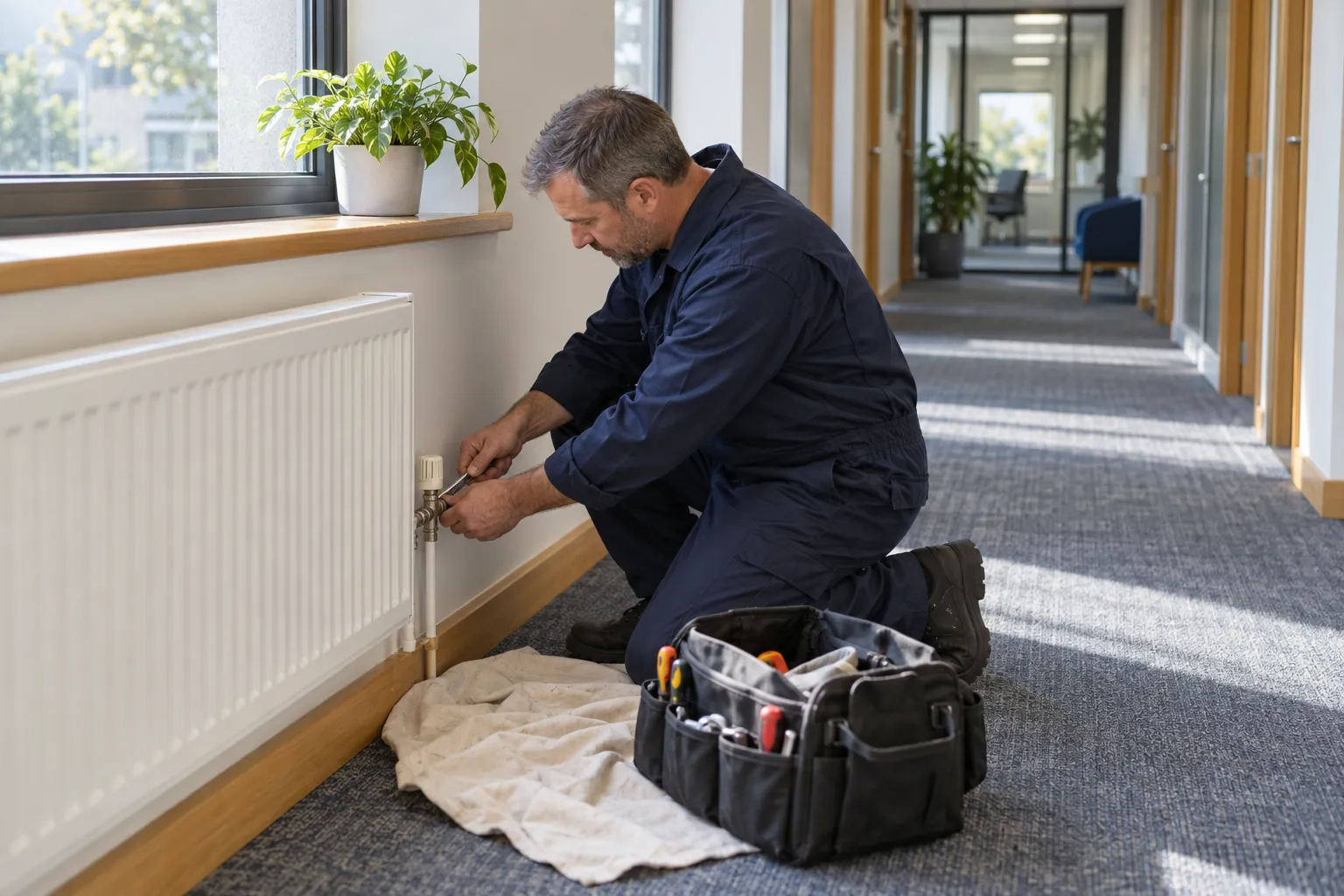 A maintenance engineer adjusting a radiator valve in an office corridor.