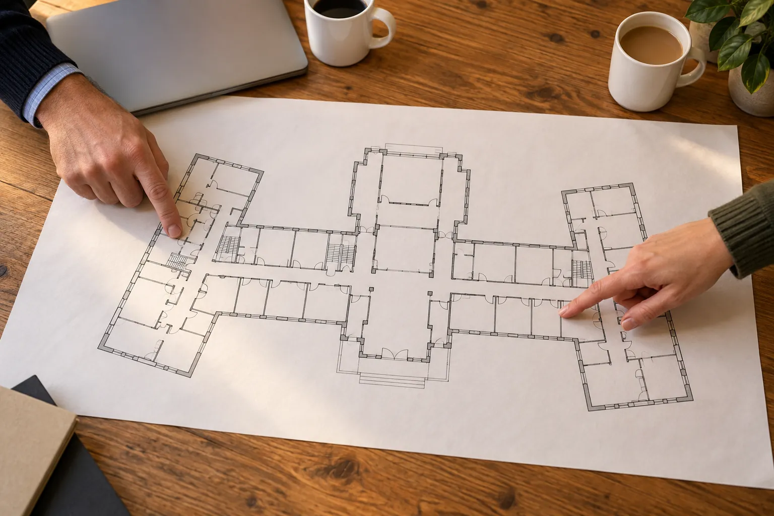 Hands pointing at a building floor plan spread on a meeting table.