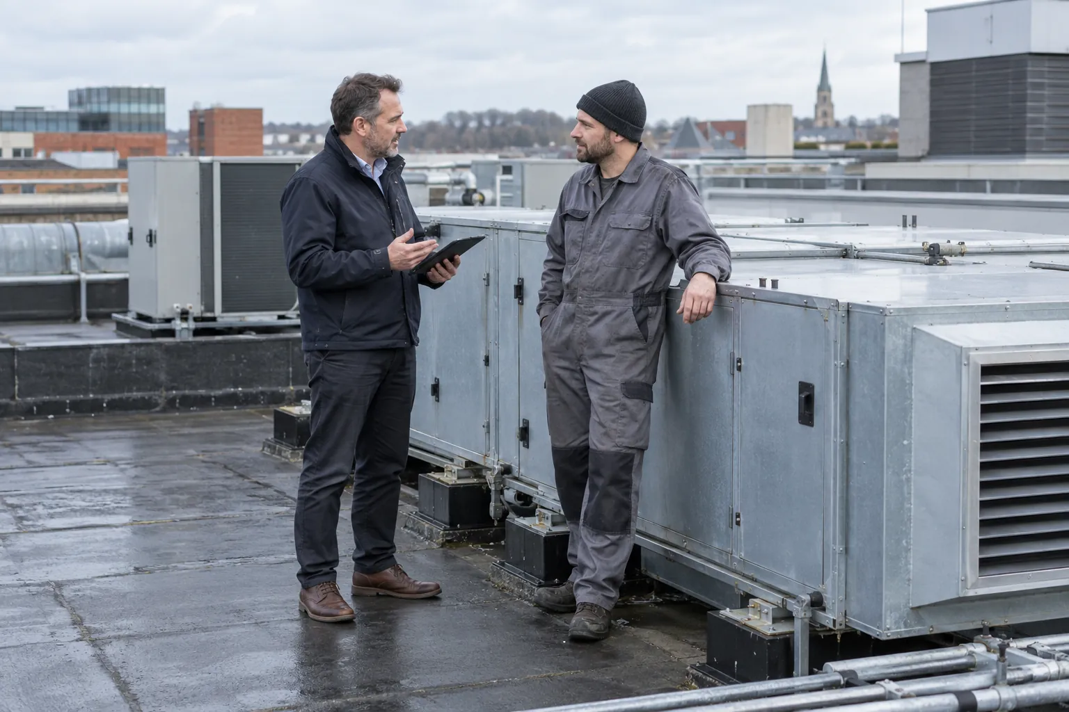 A facilities manager talking with a maintenance engineer beside air-handling units on an office roof.