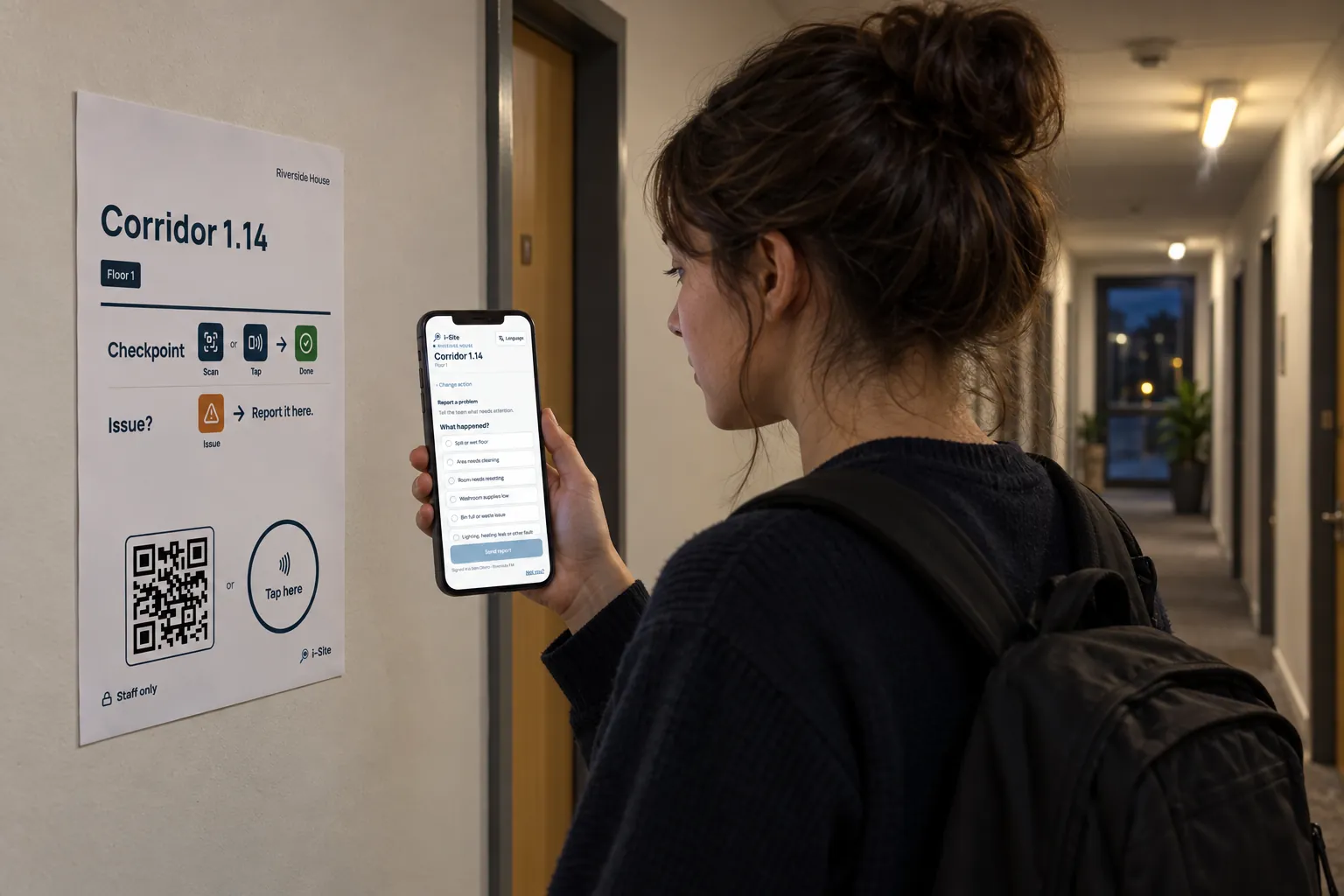 A student scanning a poster in a residence corridor to report a faulty light.
