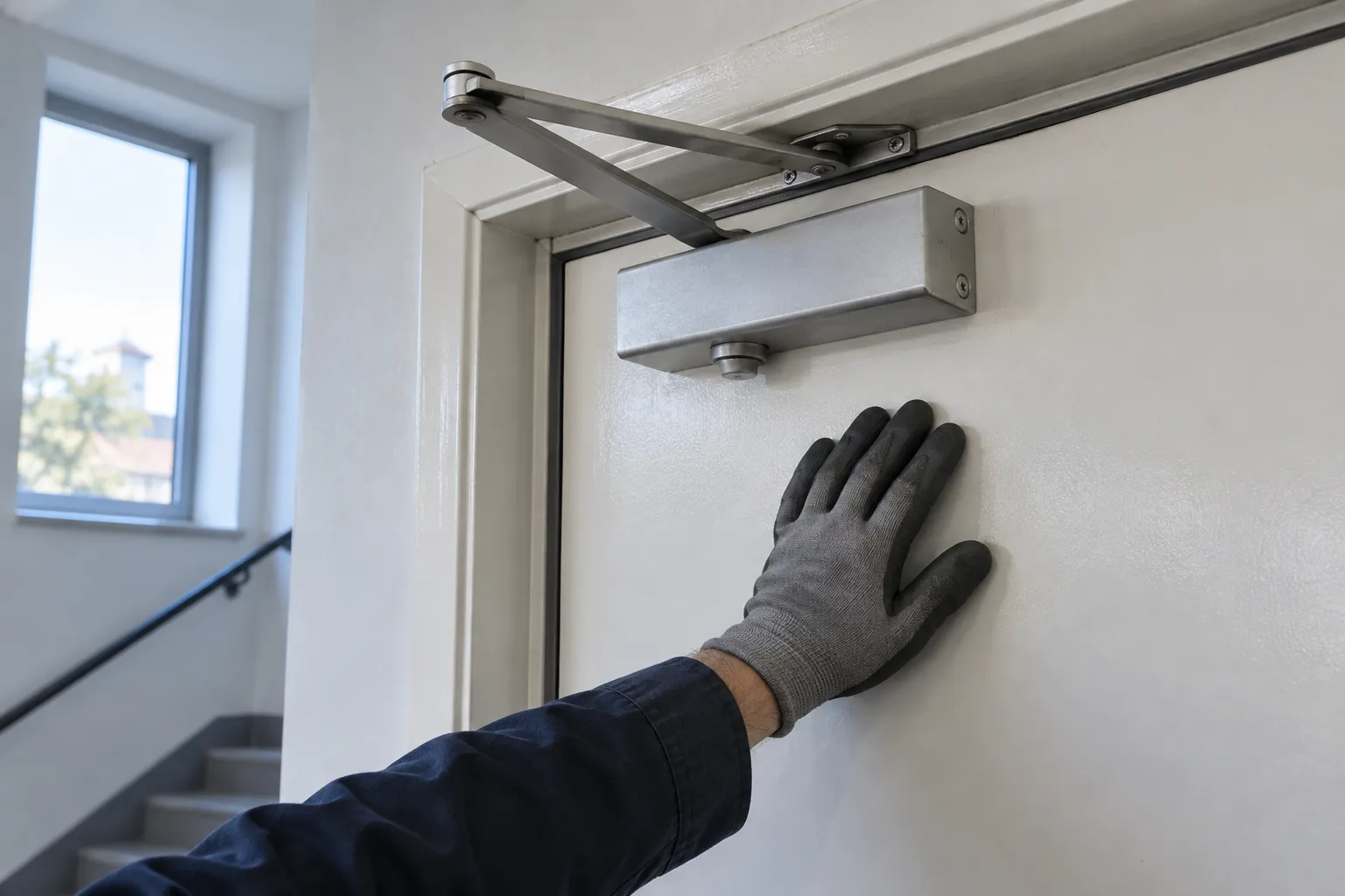 Close-up of an overhead door closer and frame seal on a fire door.