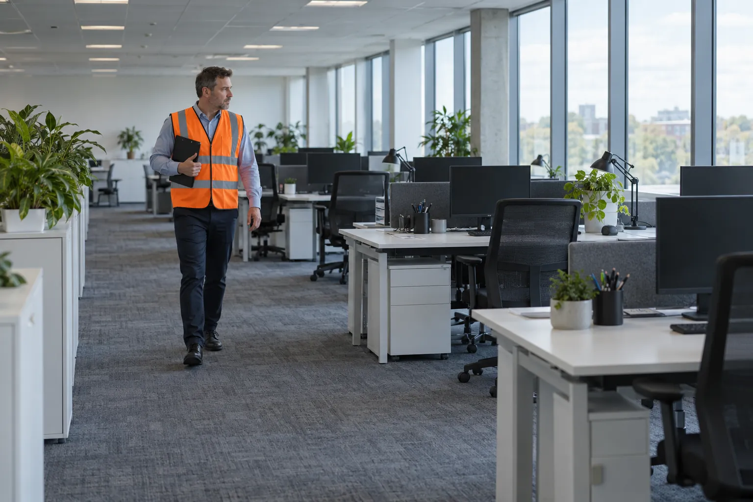 A fire marshal in a high-visibility vest walking through an empty open-plan office, checking everyone has left during a fire drill.
