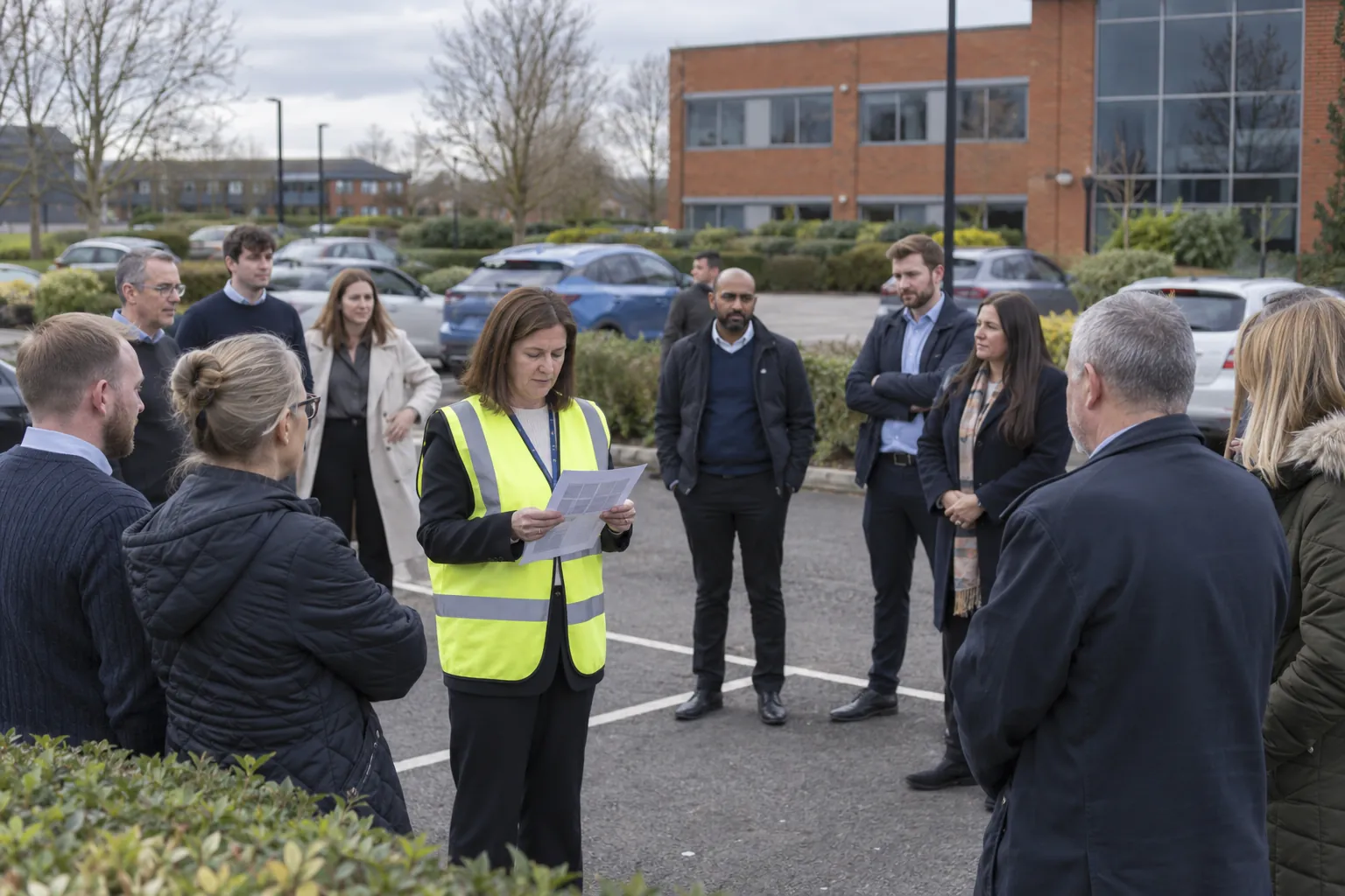 Office staff gathered at an outdoor assembly point while a fire marshal in a high-visibility vest takes a roll call from a list.