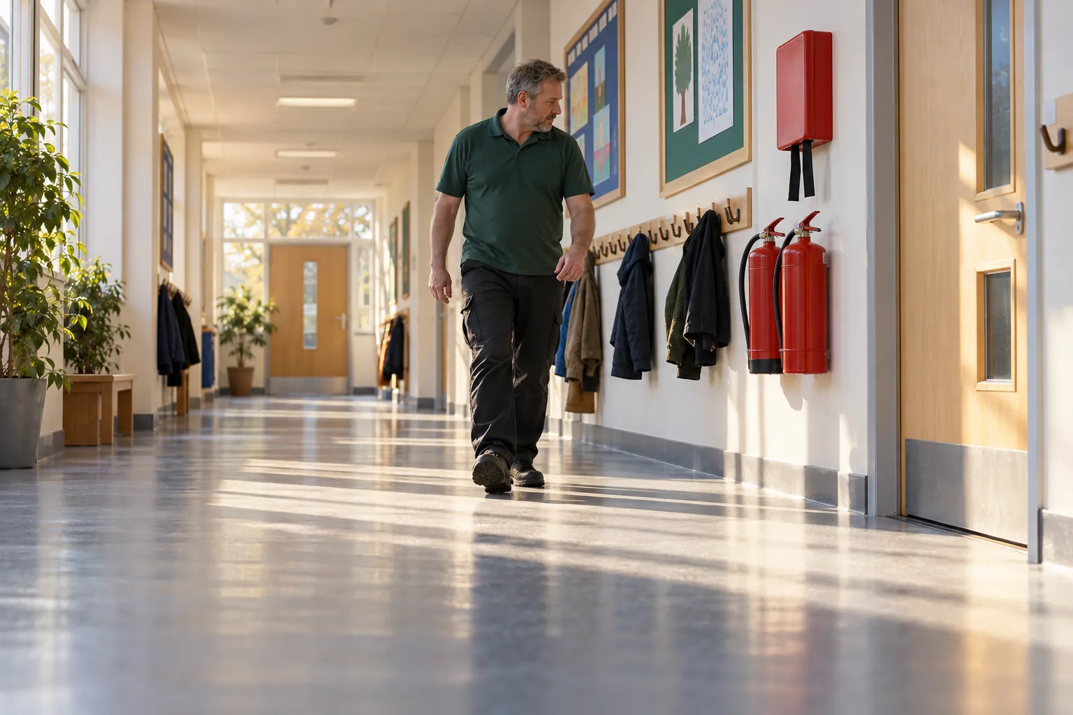 A caretaker walking past wall-mounted fire extinguishers in a school corridor.