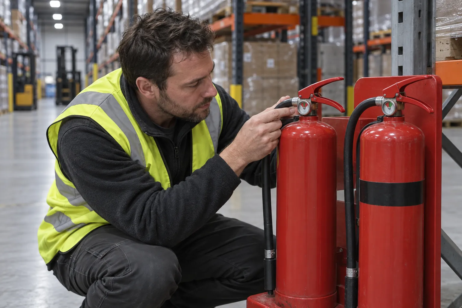 A warehouse team leader checking the gauge on a fire extinguisher beside racking.