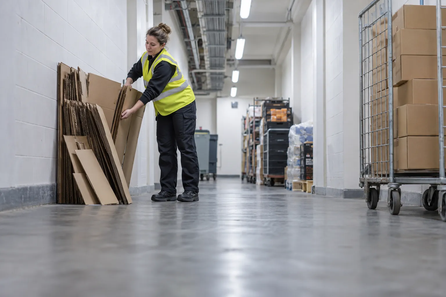 A facilities assistant in a hi-vis vest clearing cardboard from a back-of-house corridor in a shop.