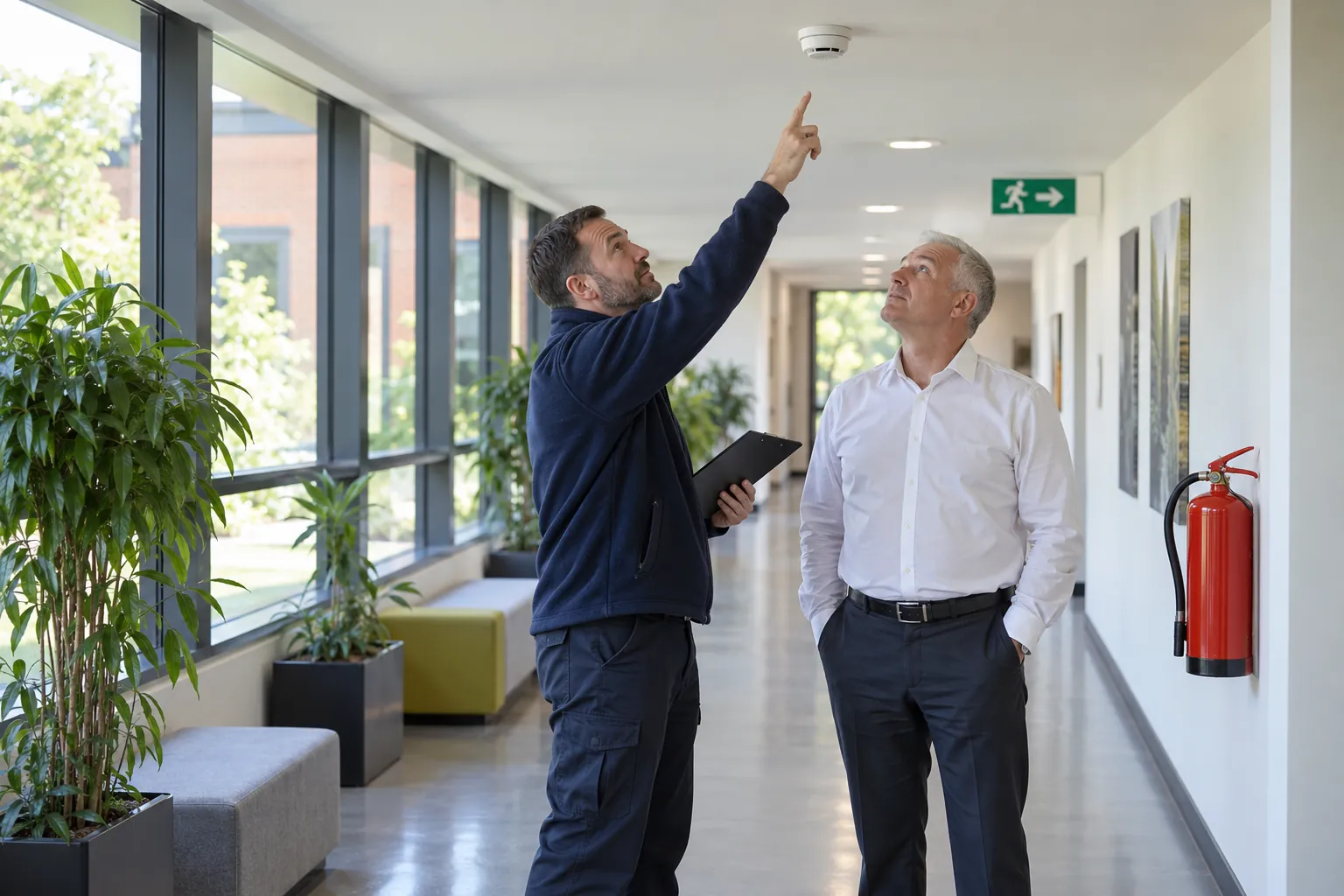 Two people in a college corridor, one pointing up at a ceiling smoke detector beside a wall-mounted fire extinguisher.