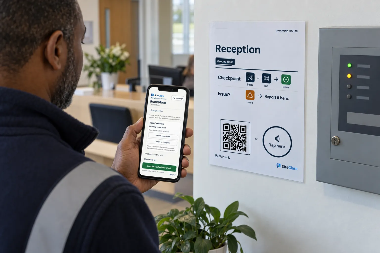 A facilities assistant scanning a checkpoint poster beside a fire alarm panel in reception.