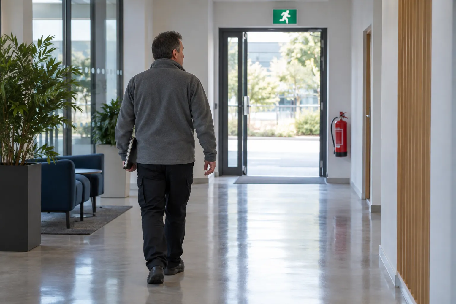 A premises manager walking a clear office corridor towards an open fire exit.