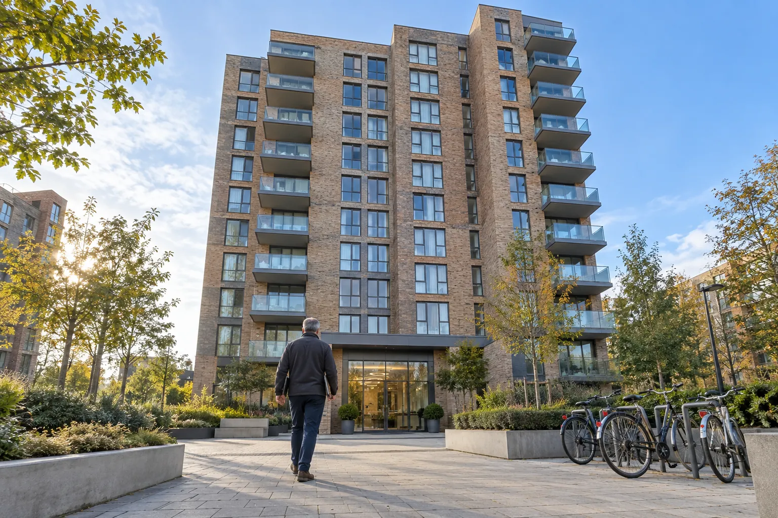 A block manager walking towards the entrance of a tall block of flats in morning light.