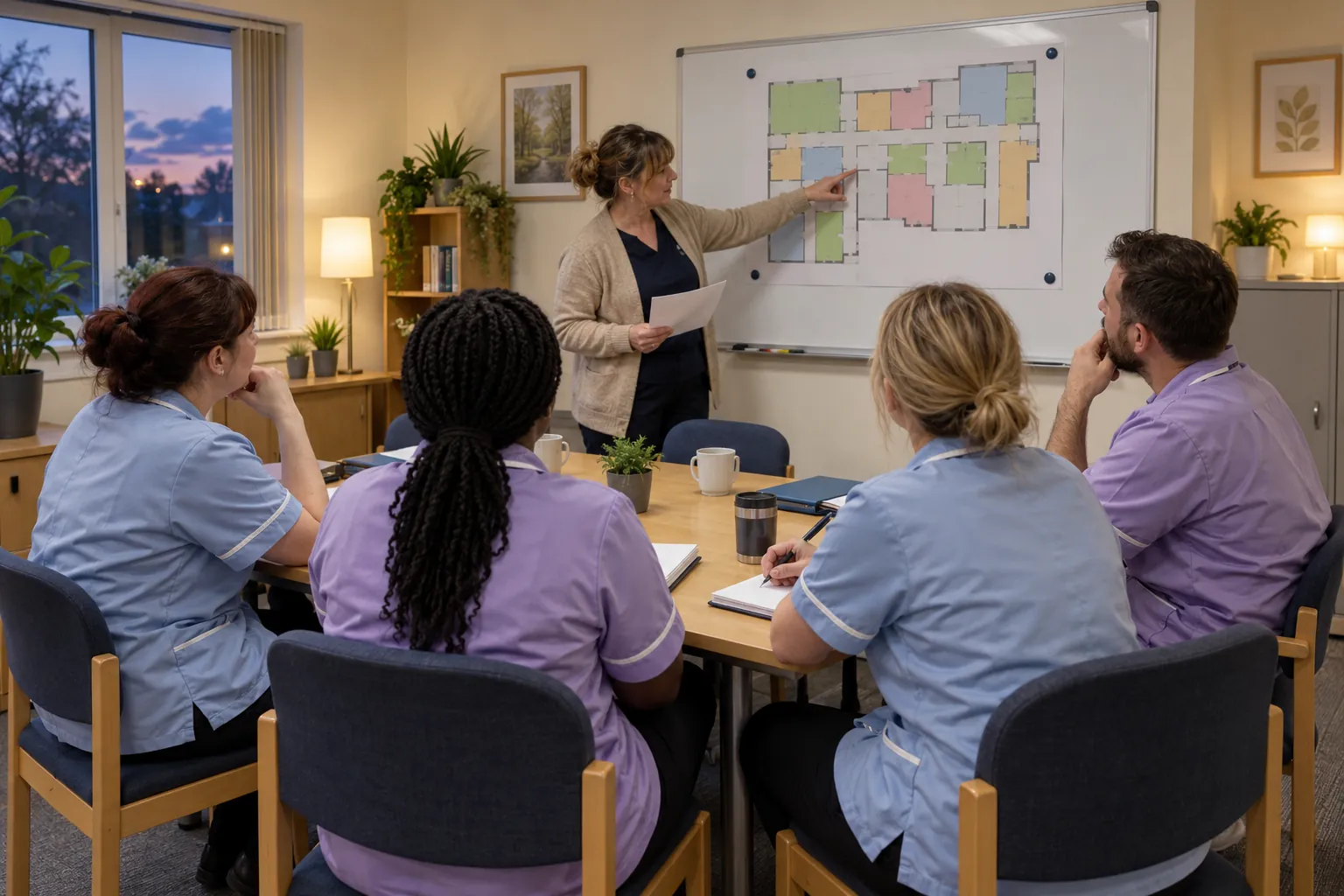 Care home staff at a training session, listening to a manager pointing at a building floor plan.