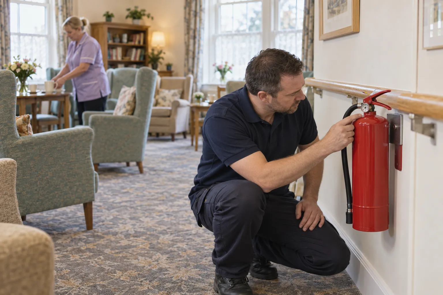A maintenance worker checking a wall-mounted fire extinguisher in a bright care home lounge.