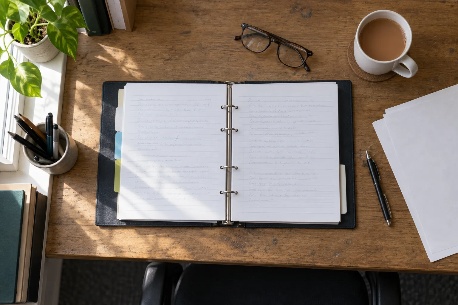 An open ring binder of fire safety records on an office desk beside a mug and glasses.