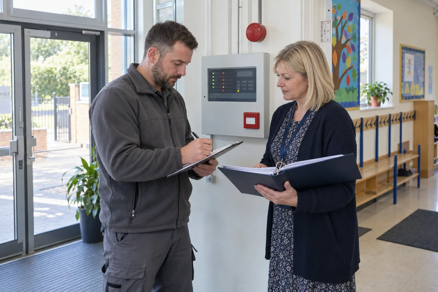 A fire alarm engineer and a premises manager at a fire alarm panel in a school entrance.