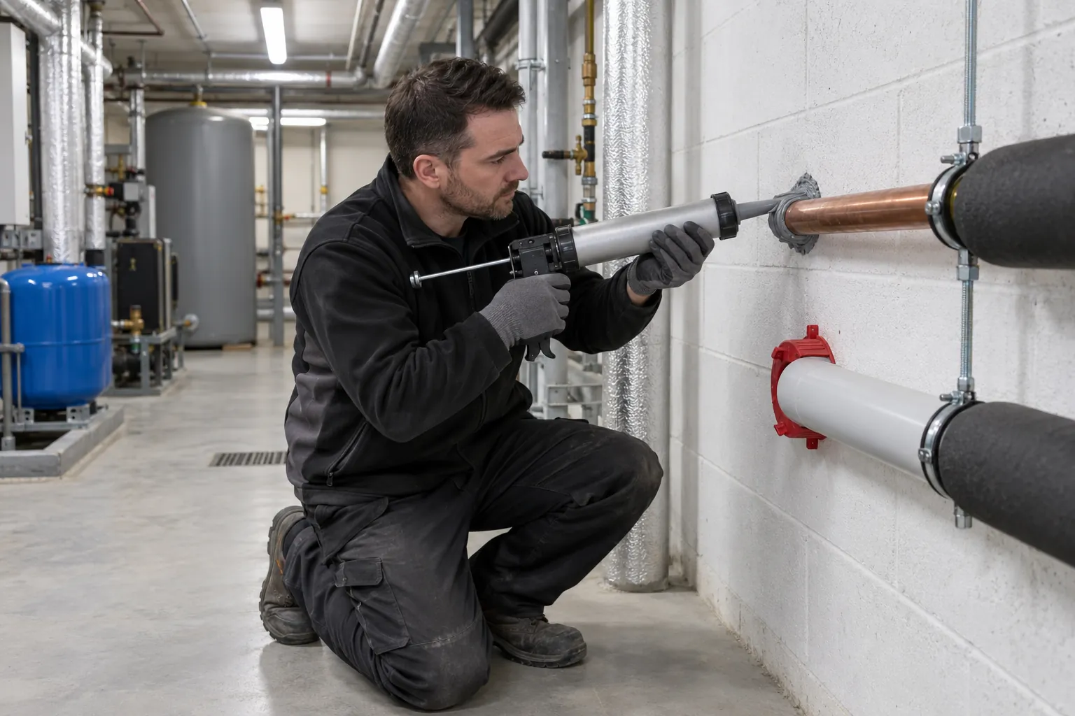 An installer sealing round a copper pipe where it passes through a plant room wall, beside a plastic pipe fitted with a red collar.