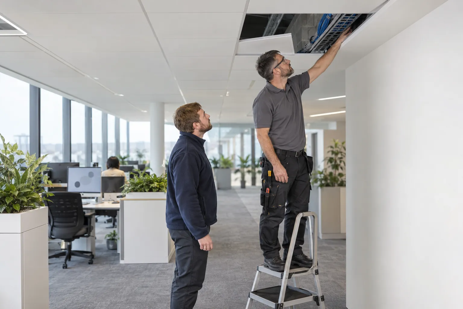 A technician on a low platform looking into a ceiling void where cable trays pass through a blockwork wall, with a colleague below.