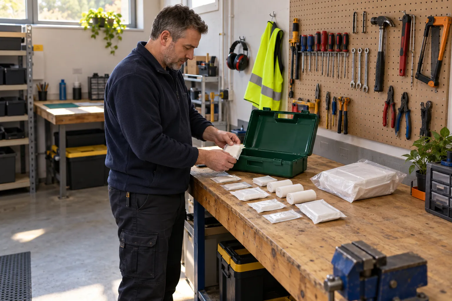 A site manager laying out first aid supplies beside an open green case on a workshop bench.
