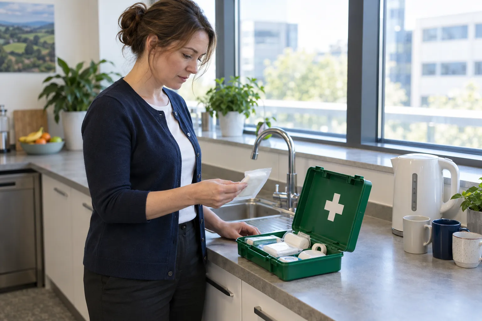 A woman checking the contents of an open green first aid box on a staff kitchen worktop.