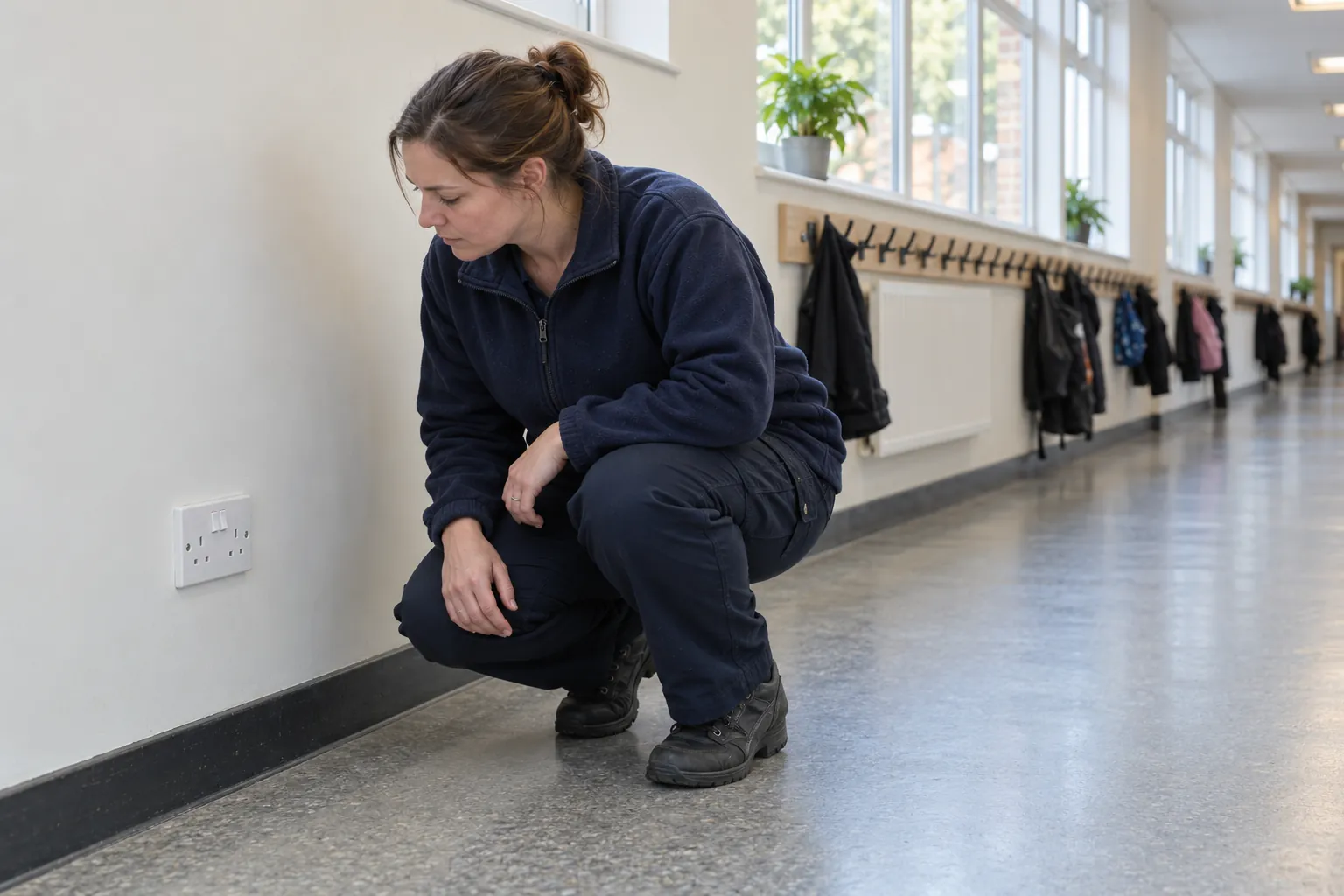 A school site assistant crouching in a corridor to look closely at a white twin socket on the wall.