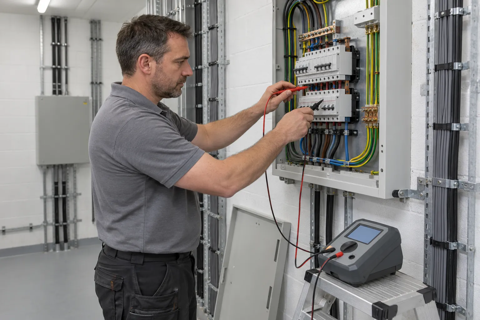 An electrician testing a circuit at an open distribution board in an office riser room, with a multifunction tester on a step beside him.