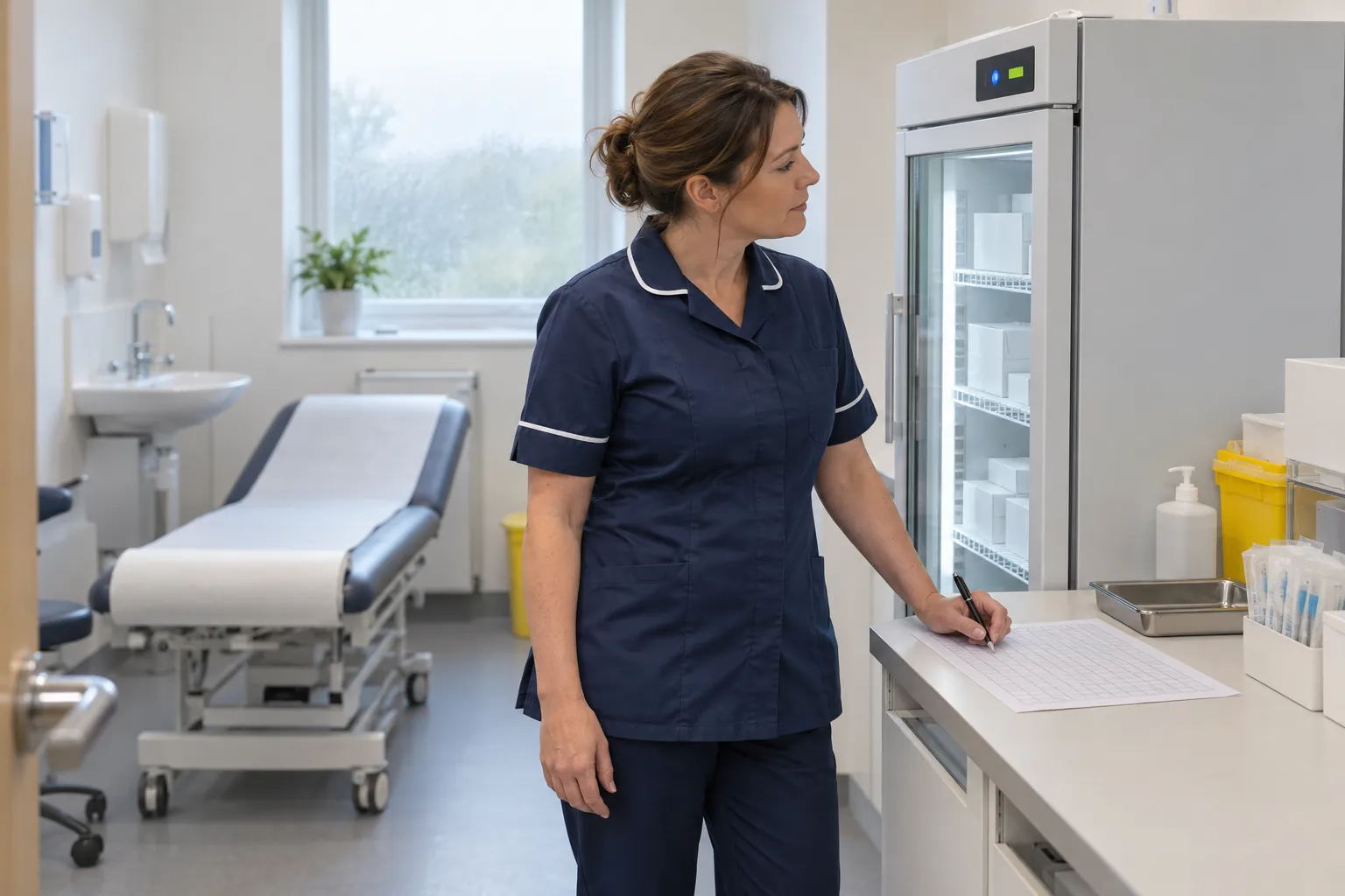 A practice nurse reading a medicines fridge display and noting it on a chart in a treatment room.