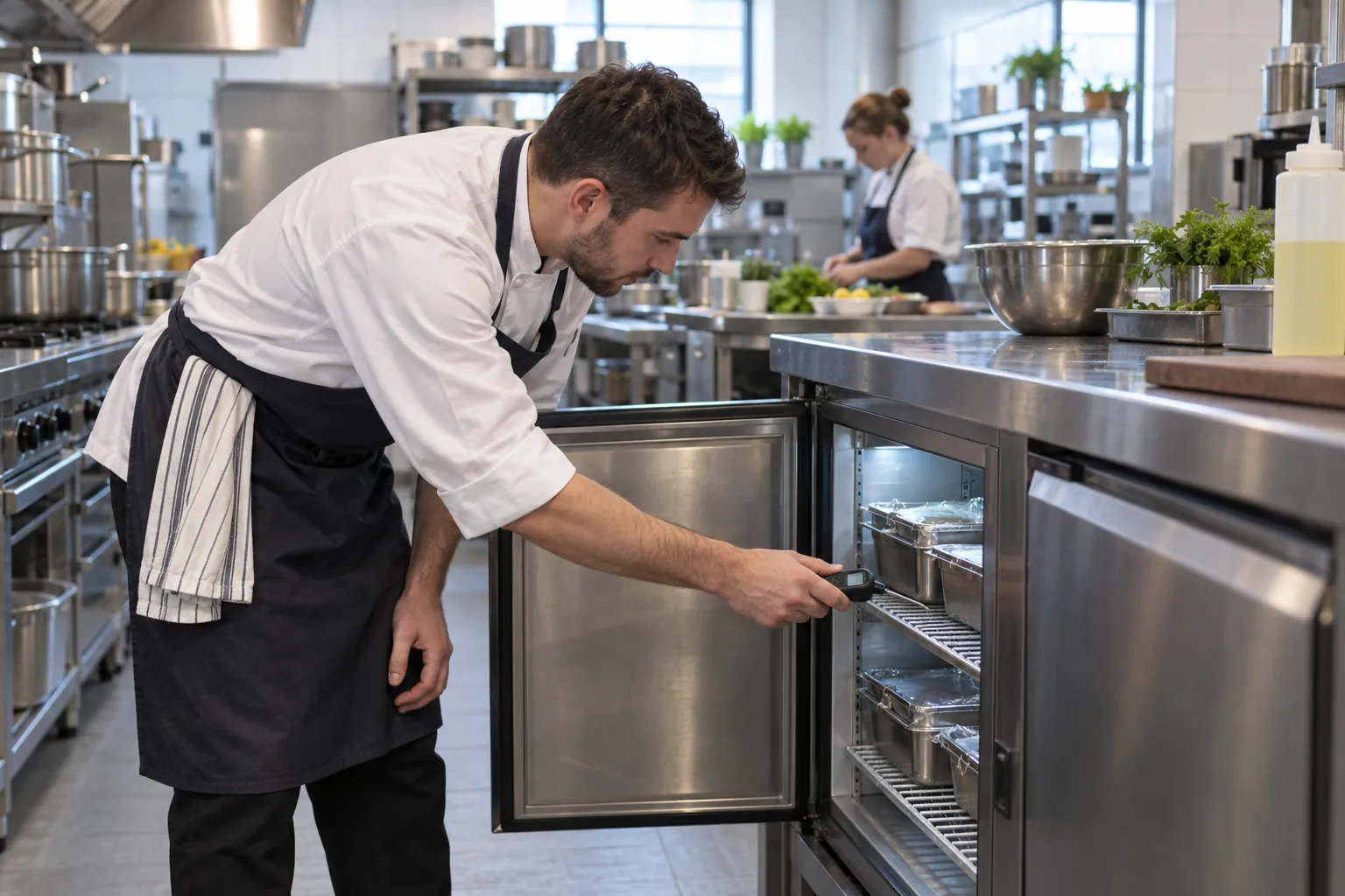 A chef checking food in an undercounter fridge with a probe thermometer in a hotel kitchen.
