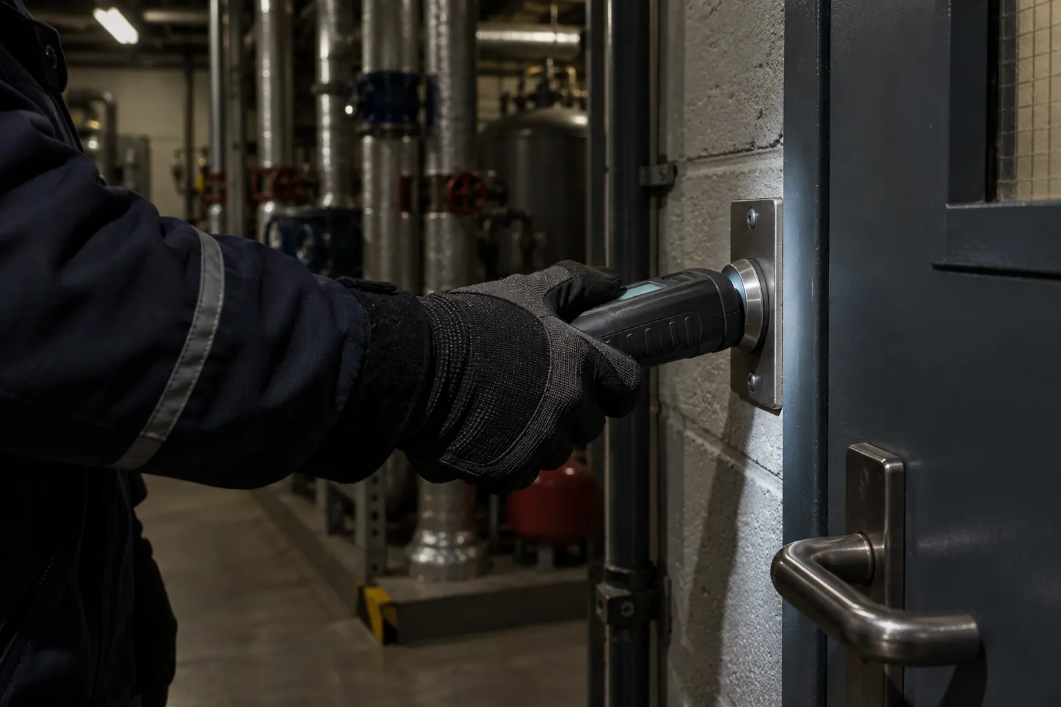 A handheld patrol reader touched against a metal checkpoint button beside a plant room door.