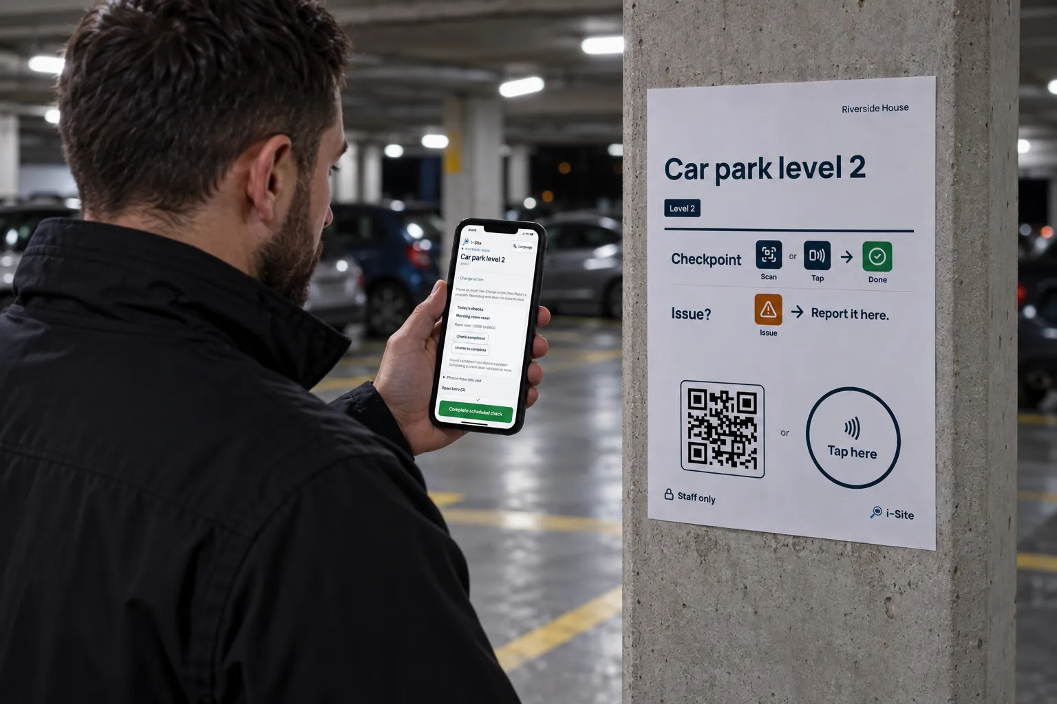 A security officer scanning a checkpoint poster on a car park pillar at night.