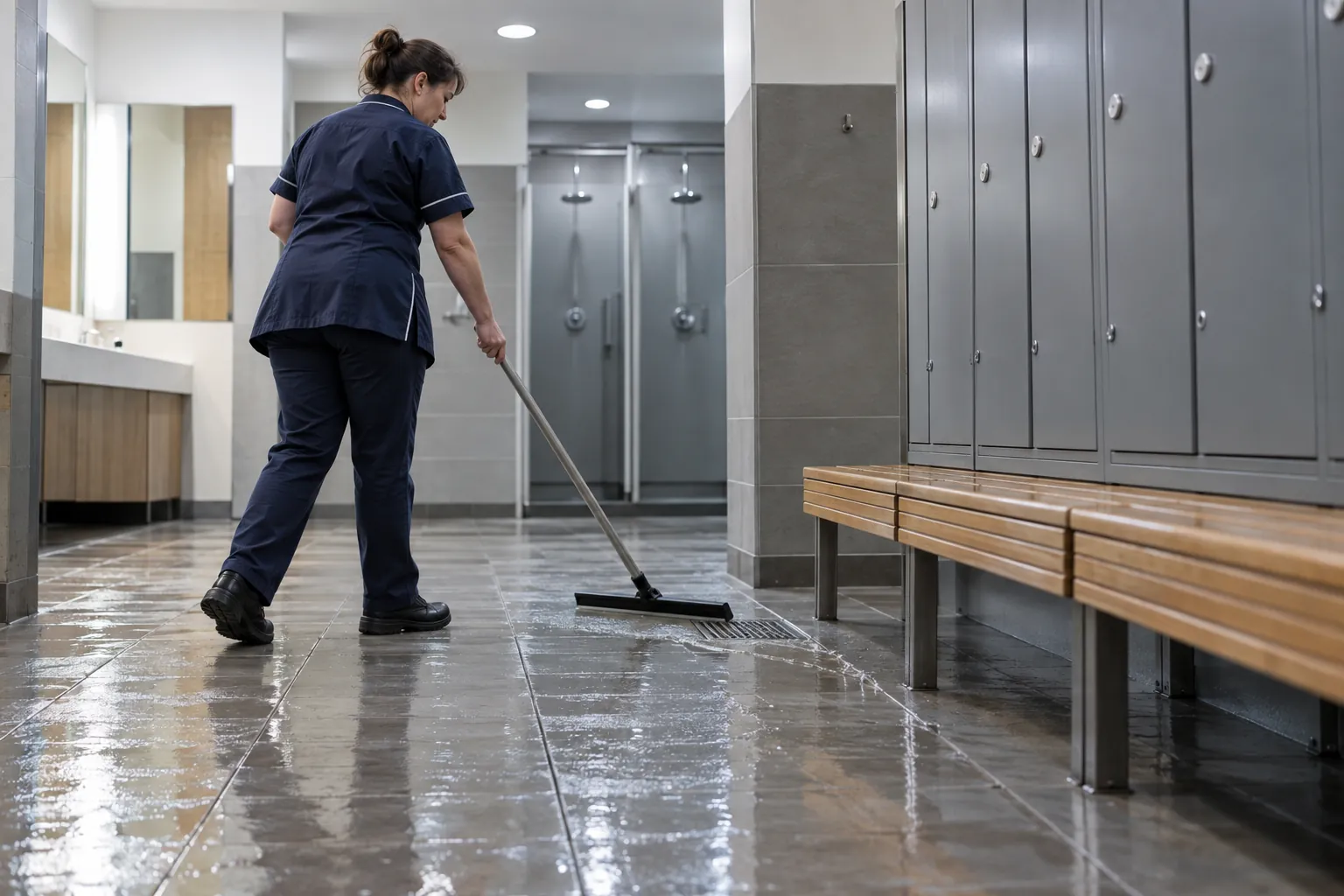 A cleaner squeegeeing water towards a drain in a leisure centre changing room.