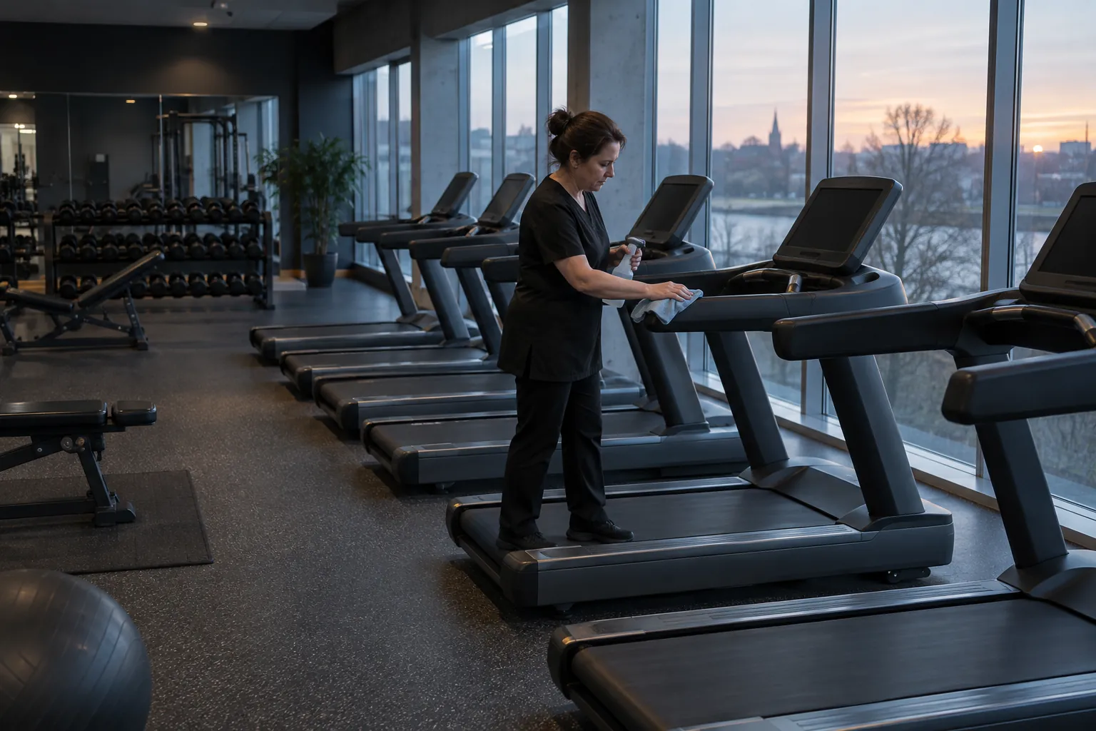 A cleaner wiping treadmill handles on an empty gym floor at dawn.