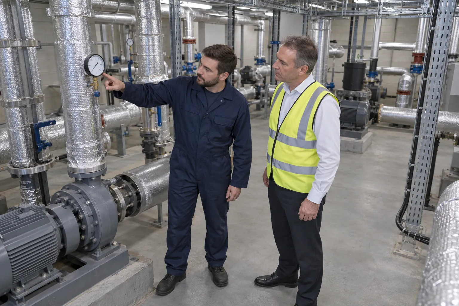 A maintenance engineer pointing out a gauge on pipework to a facilities manager in a basement plant room.
