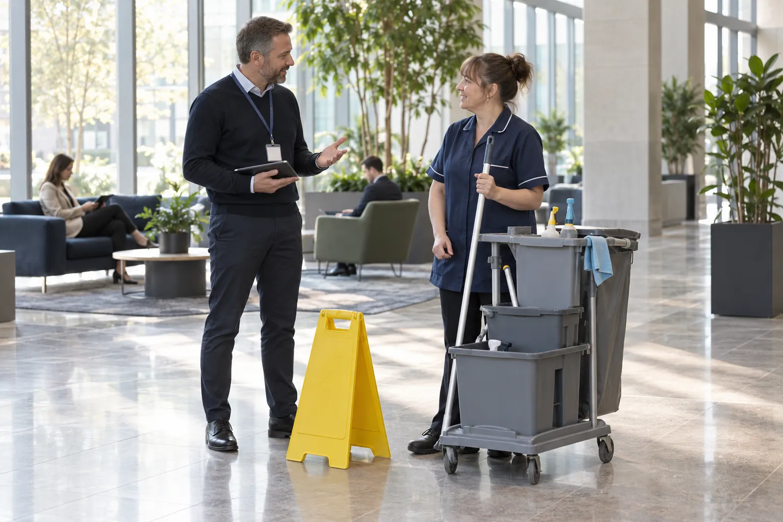 A building manager talking with a cleaner beside a cleaning trolley and a wet floor stand in a bright office atrium.
