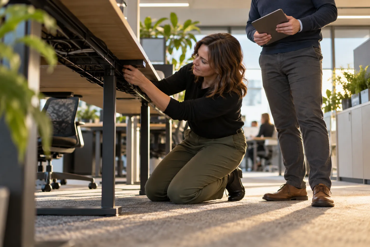 An office manager tidying a trailing cable under a desk during a workplace inspection.
