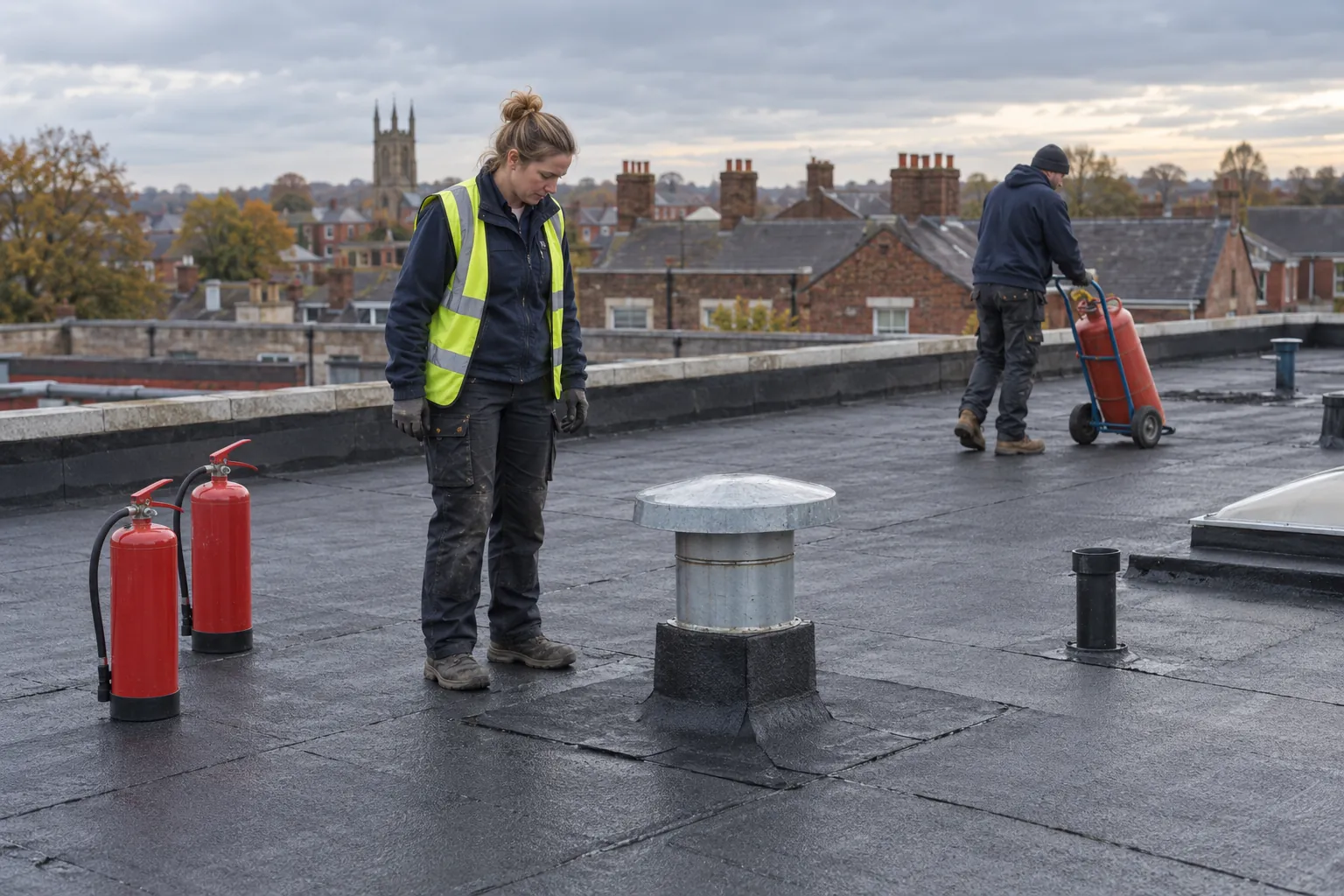 A technician watching over newly laid roofing felt on a flat roof as a roofer moves equipment away.