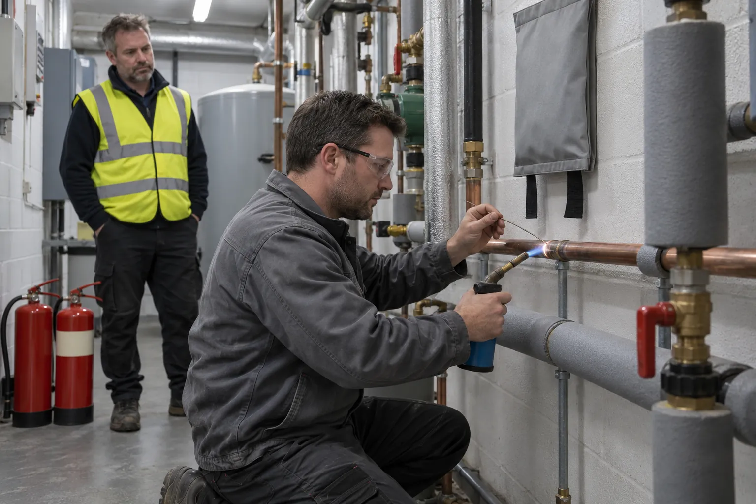 A plumber soldering a copper pipe in a plant room while a colleague watches beside two fire extinguishers.
