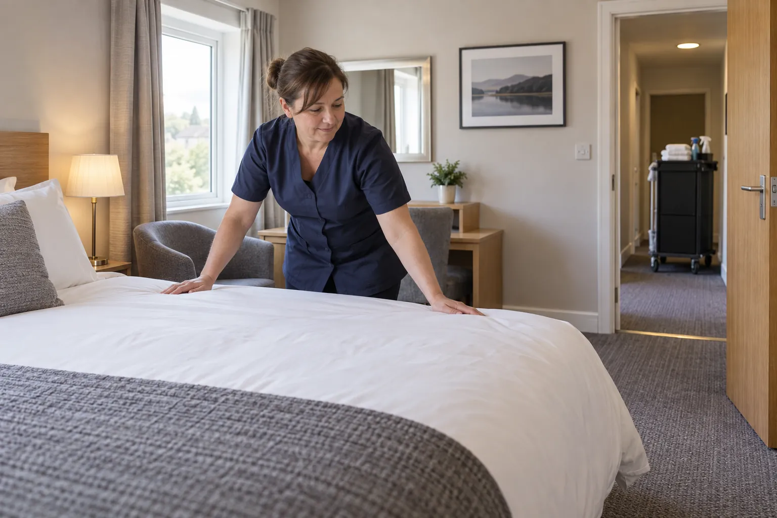 A room attendant smoothing a white duvet in a hotel bedroom.