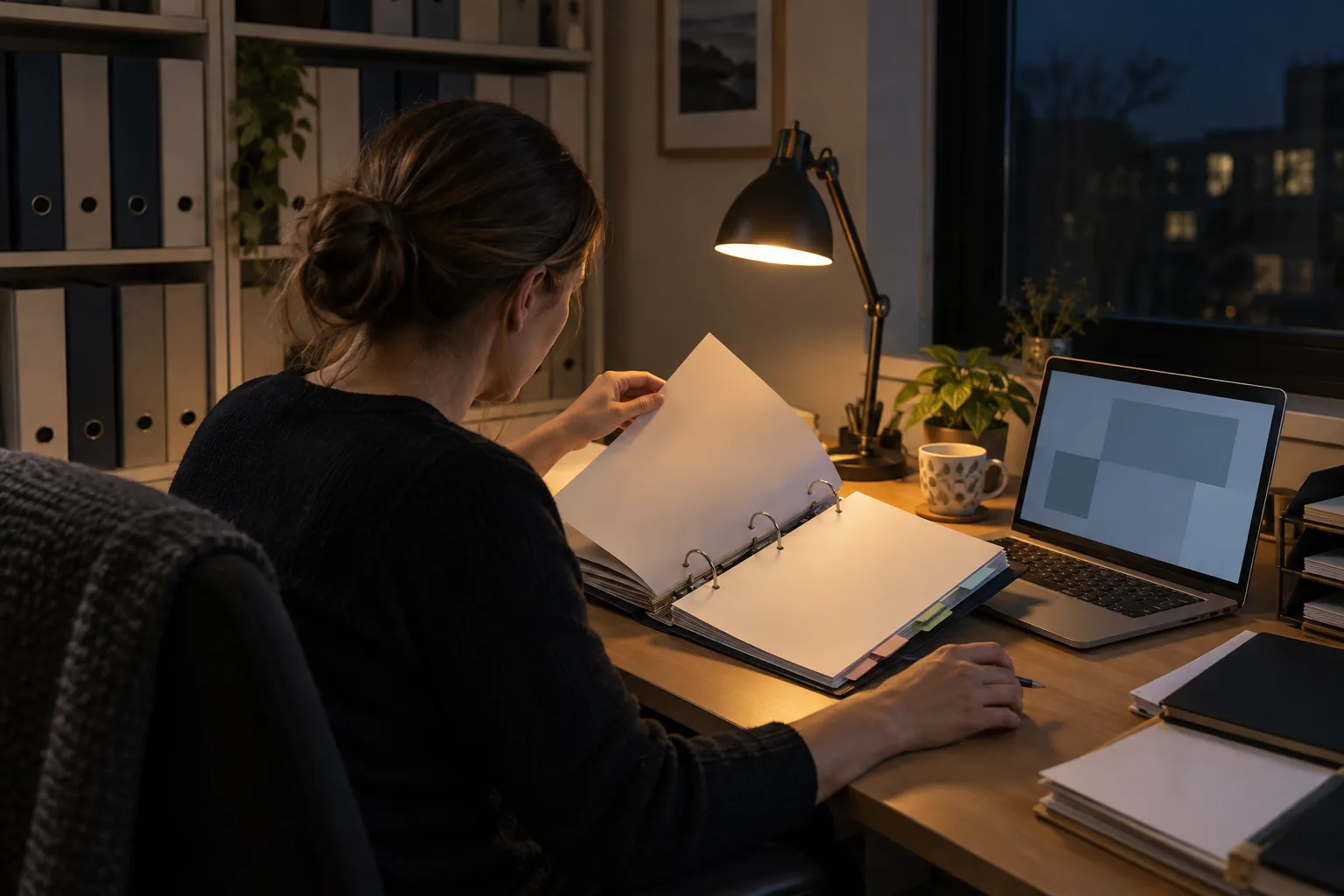 A woman working late on a tender response at a desk in a small office.