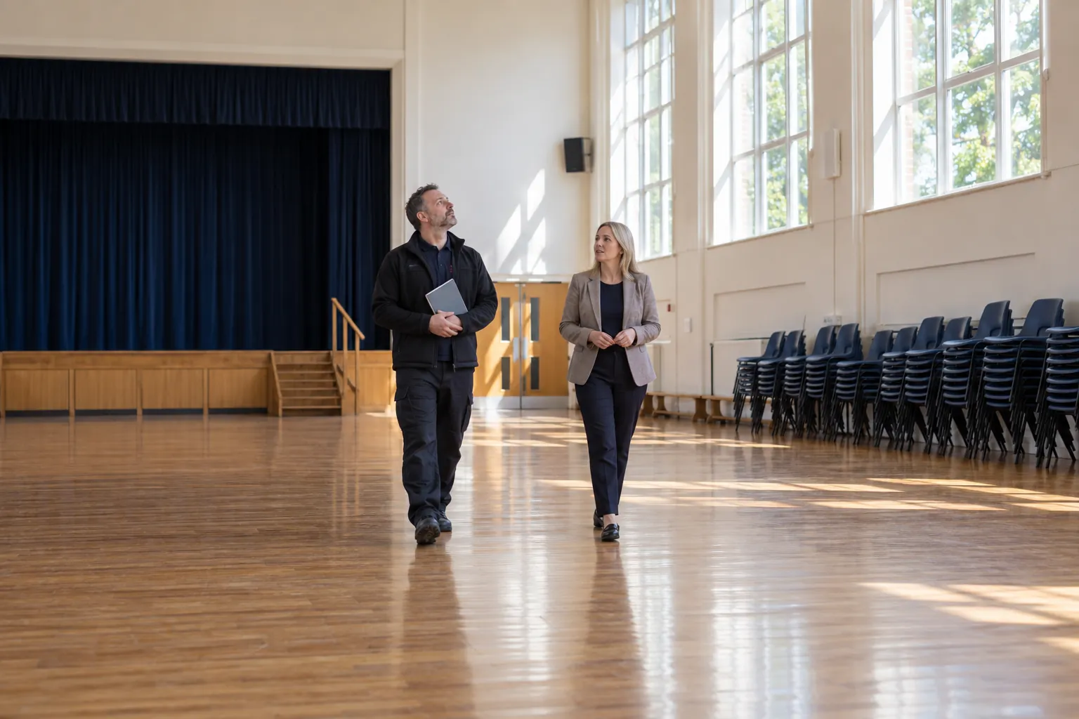 A cleaning contractor and a school business manager walking an empty school hall on a site visit.