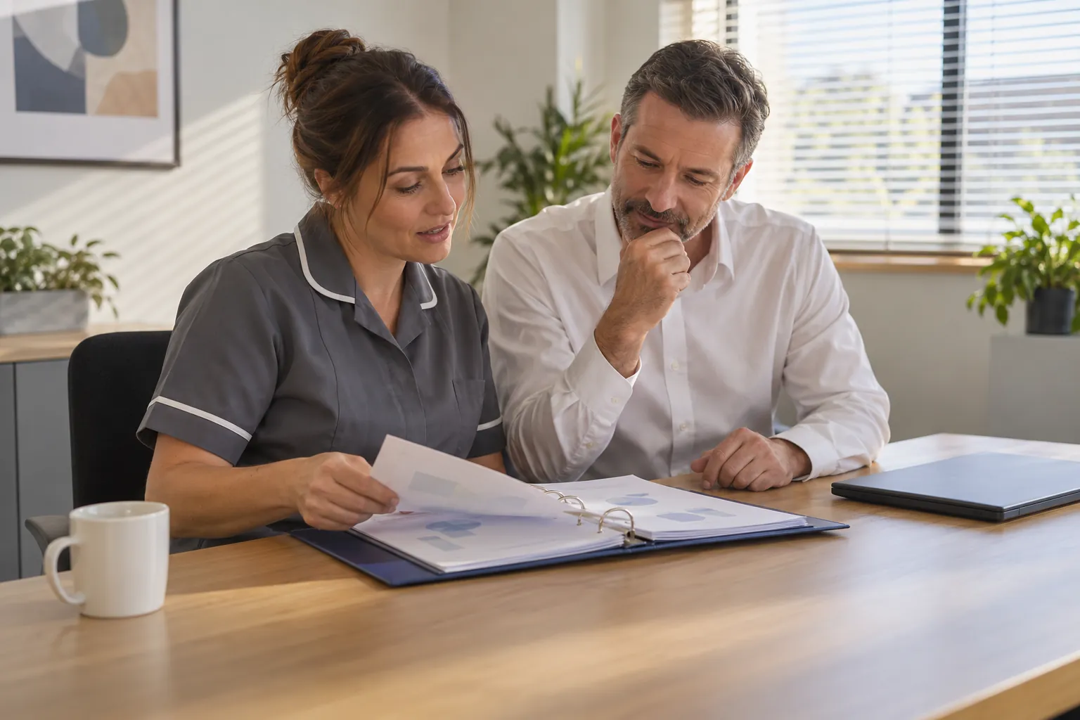 A cleaning supervisor and a building manager reading through a ring binder of records at a meeting room table.