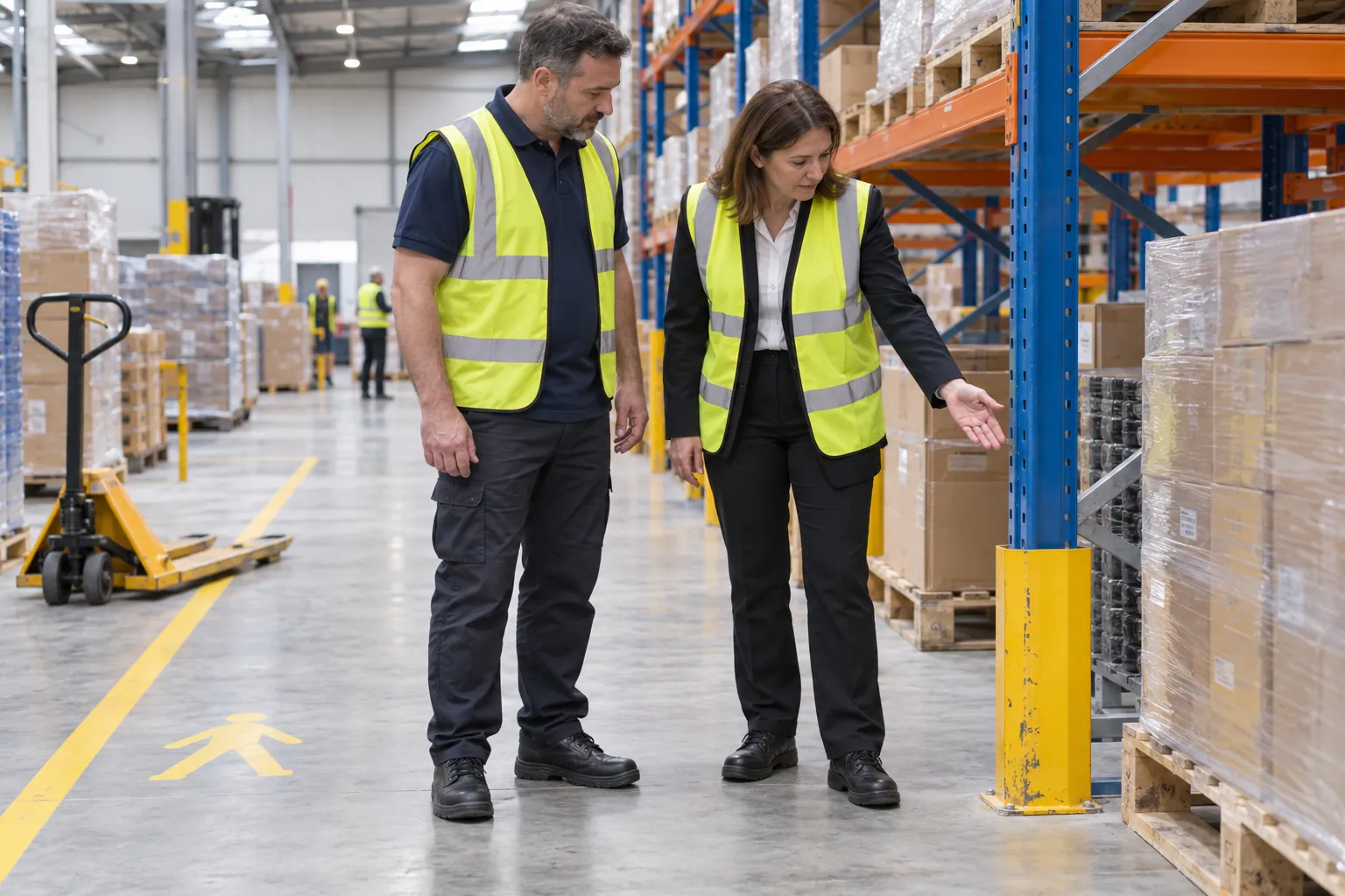 A health and safety inspector and a facilities manager looking at the foot of pallet racking in a bright warehouse.