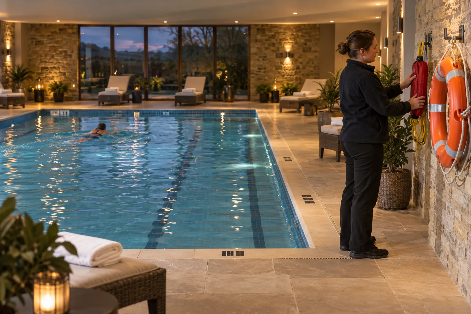 A hotel duty manager checking the throw bag and lifebuoy on their hooks beside a quiet indoor hotel pool.