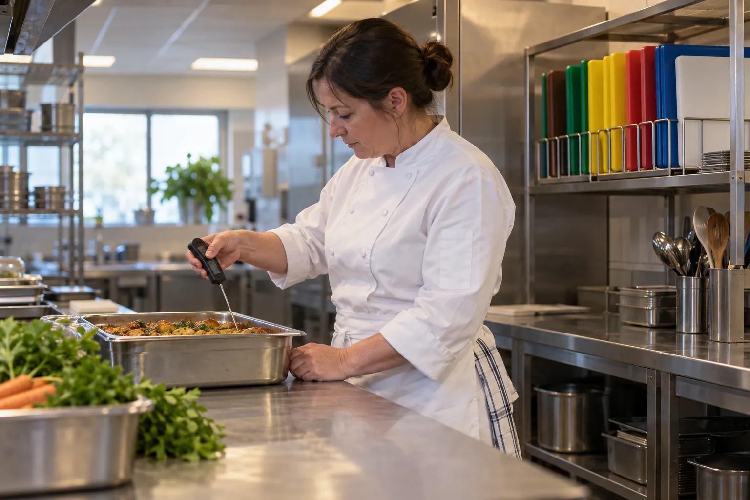 A catering manager checking food temperature with a probe in a canteen kitchen.
